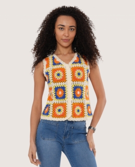 Multi Coloured Crotchet Button Front Waistcoat