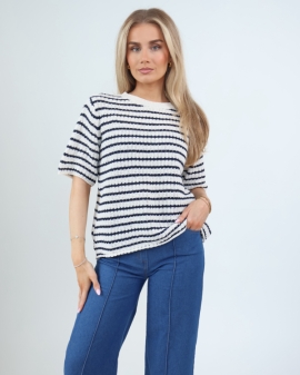 Knitted Stripey Cotton Blend Short Sleeve Top