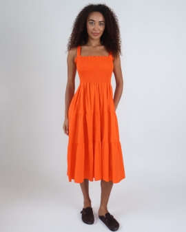 Shirred Bodice Tiered Cotton Midi Dress
